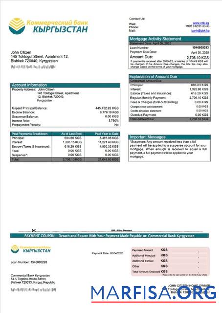 Printable Kyrgyzstan Commercial Bank Kyrgyzstan mortgage statement Word and PDF template
